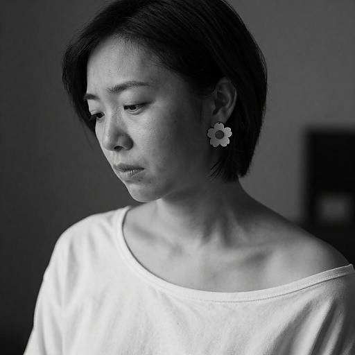 Contemplative Asian Woman in Black-and-White
