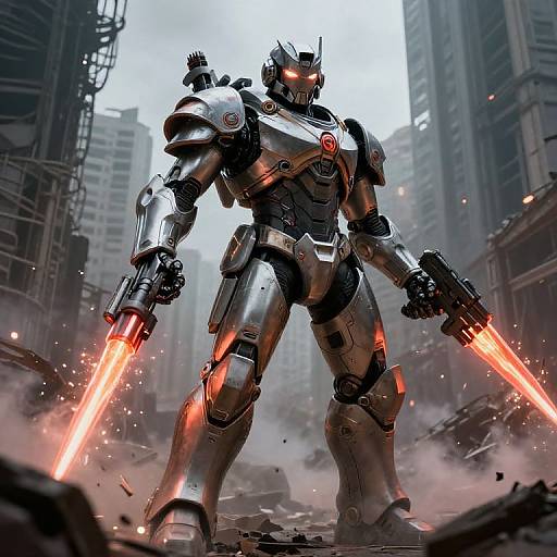 Cybernetic warrior with glowing red lightsabers stands in a smoky, ruined cityscape, surrounded by tall, damaged skyscrapers,