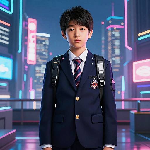 Cyberpunk Japanese Student in Futuristic School
