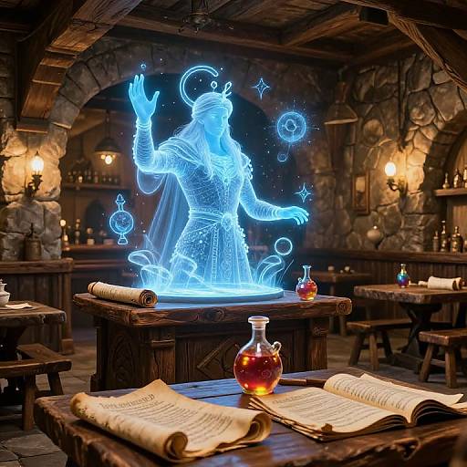 Fantasy scene: blue glowing wizard conjuring magic in medieval stone tavern; open books, potions, wooden tables, warm lantern light. CGI artwork.