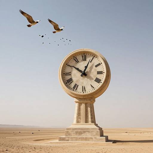 Photograph of a large, round, white clock with black Roman numerals standing in a desert, with two birds flying overhead.