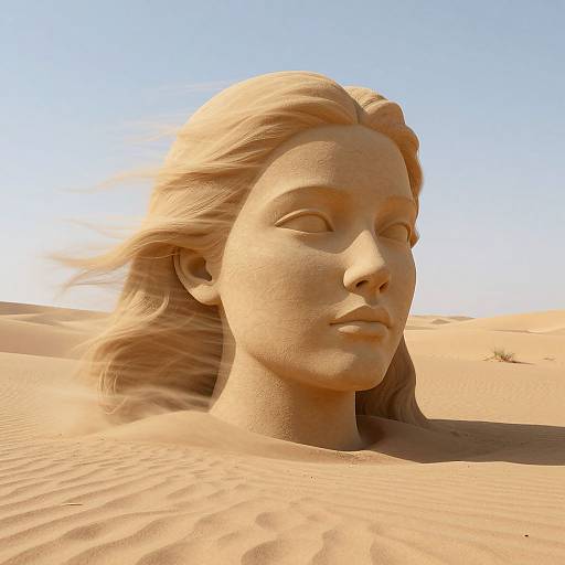 Digital CGI of a blonde woman's sculpted head emerging from a sunlit desert, with wind blowing through her hair, sand dunes in the background