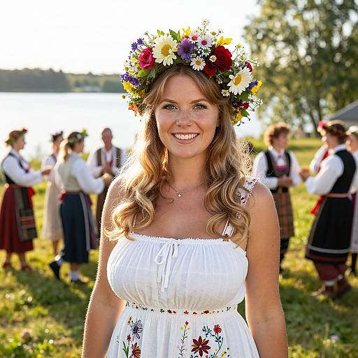 Photograph of a smiling, blonde woman with a colorful flower crown, wearing a white, floral-embroidered dress, standing in a sunlit