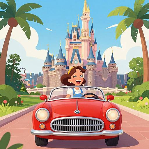 Cartoon-style illustration of a smiling girl with brown hair in a yellow bow, driving a red classic car towards a colorful castle with blue spires,