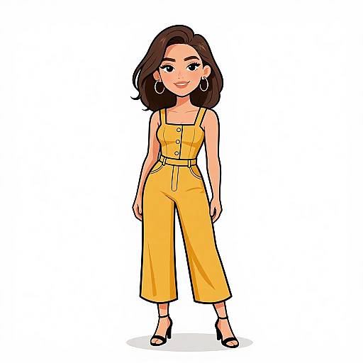 Digital illustration of a smiling woman with medium-length black hair, wearing a yellow jumpsuit with buttons, black earrings, and black sandals, standing against a