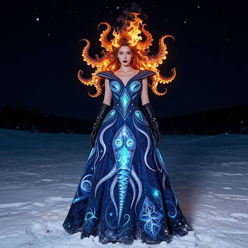Photograph of a woman with fiery orange hair, wearing an elaborate blue gown with glowing white patterns, and black gloves, standing on a snowy landscape at
