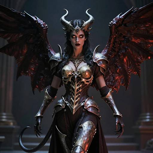 Digital art of a fierce, dark-winged demoness with glowing eyes, golden armor, black hair, and prominent horns, standing in a dimly