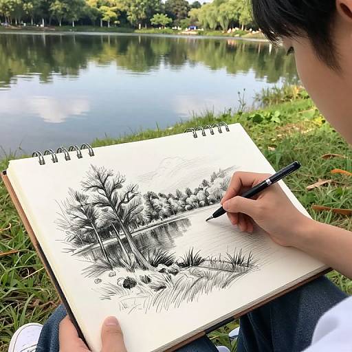 Photograph of an Asian man drawing intricate black and white feathers in a detailed sketchbook by a serene lake, surrounded by green grass and trees.