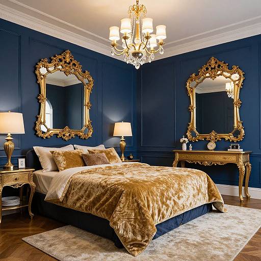 Luxurious bedroom with gold-framed mirrors, royal blue walls, ornate gold bed, velvet gold blanket, two lamps, and a crystal chandelier