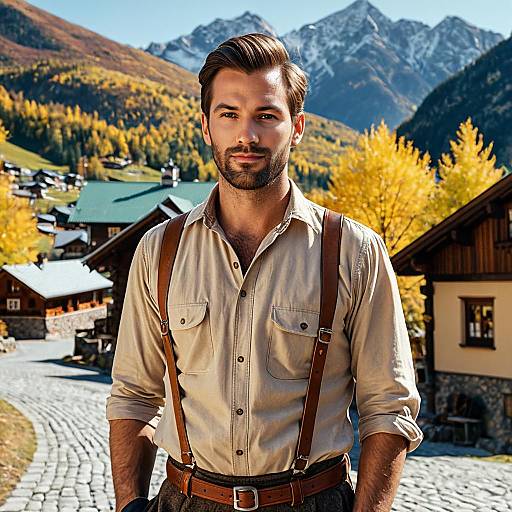 Handsome Man in Traditional Lederhosen Outfit in Mountain Village
