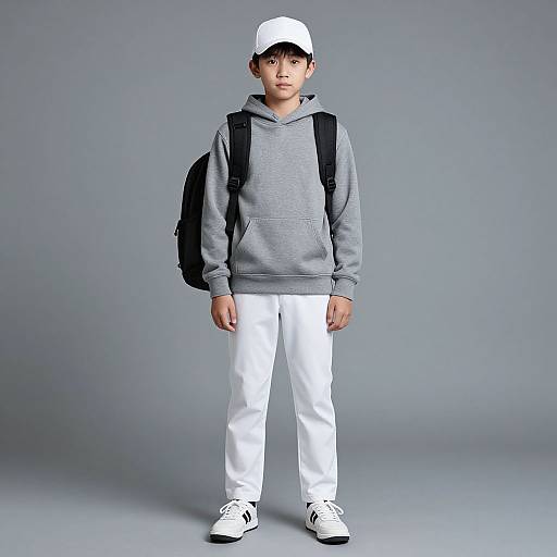 Photograph of a young Asian man standing against a gray background, wearing a white cap, gray hoodie, white pants, and black backpack, with white