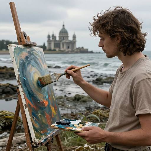 Young artist with curly brown hair painting vibrant abstract on easel by rocky coastal shore, using brush, with historic church in background.