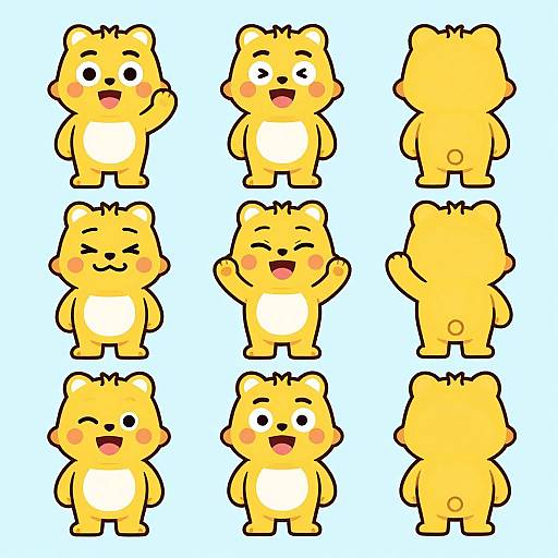 Digital illustration of nine yellow cartoon bear characters, each with different expressions and poses, arranged in a 3x3 grid on a blue background.