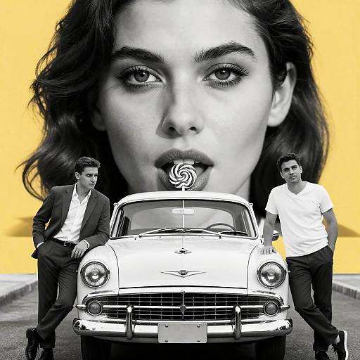 Vintage Car Collage with Intense Gaze