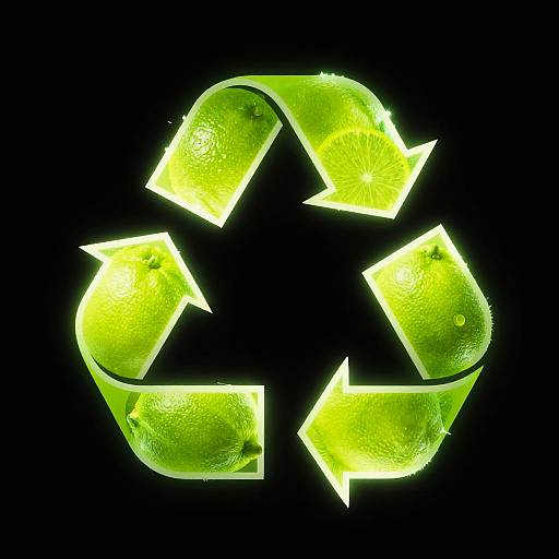 Photorealistic digital image of a glowing, neon-green recycling symbol with textured, translucent arrows on a solid black background.