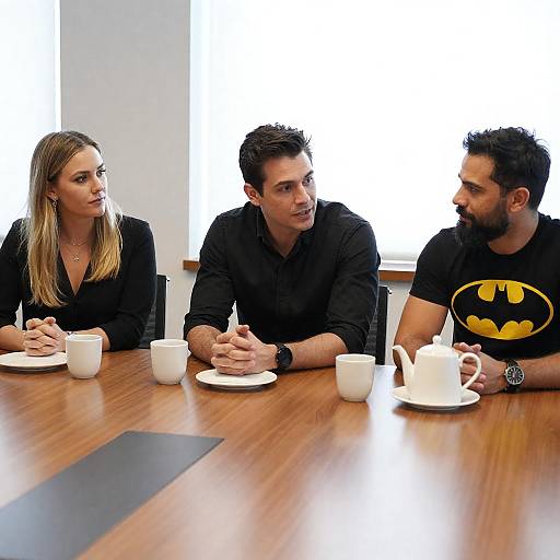 Three People at Wooden Conference Table