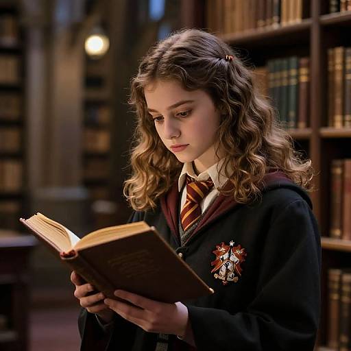 Photograph of a young woman with curly brown hair, wearing a Hogwarts-style black blazer and striped tie, intently reading an old book in a