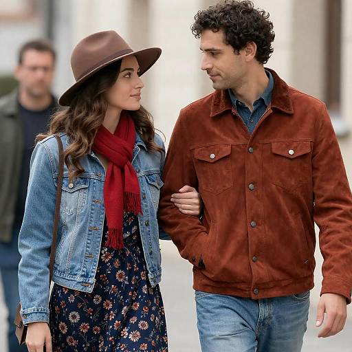 Photograph of a curly-haired man in a red suede jacket and blue jeans walking arm-in-arm with a woman in a brown hat, red scarf,