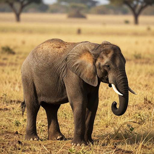 Photograph of a young African elephant with dusty, grey skin and white tusks standing in a dry, golden savanna with blurred trees in the background