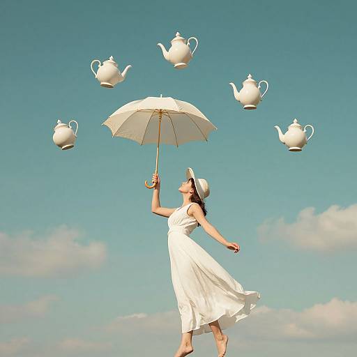 Photograph of a smiling woman in a white dress and hat, holding an umbrella, floating white teapots against a clear blue sky.