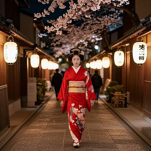 Traditional Geisha in Red Kimono Walking in Kyoto at Night