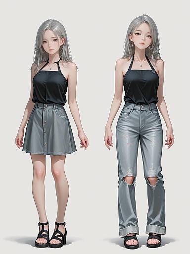 Digital anime-style drawing of a silver-haired woman in two outfits: black sleeveless top and gray skirt on left, black top and ripped blue jeans on