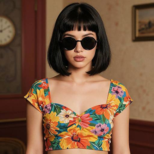 Photograph of a young woman with straight black bob haircut, wearing large black sunglasses, colorful floral dress, standing indoors with vintage wallpaper and wooden door in