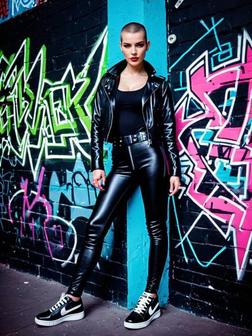 Woman in Black Leather Outfit by Graffiti Wall