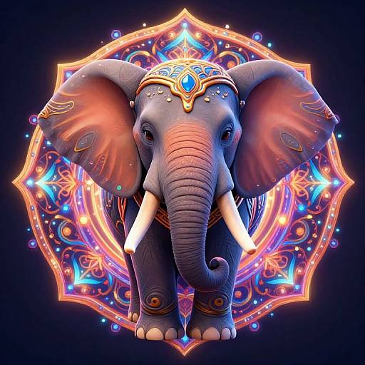 Digital art of a majestic, blue-gray elephant with ornate golden headpiece, glowing white tusks, and intricate orange-blue mandala background.