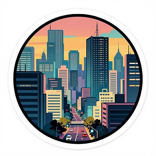 Vibrant digital illustration of a city skyline at sunset, featuring tall skyscrapers in shades of blue, pink, and yellow, with a busy