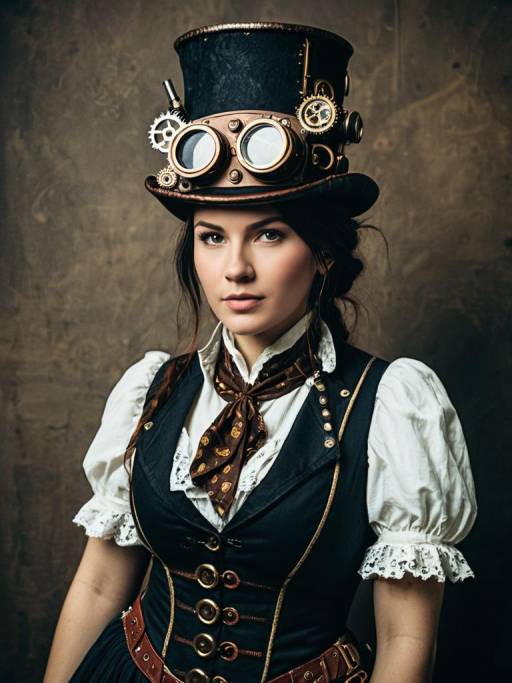 Woman in Steampunk Costume with Goggles Hat