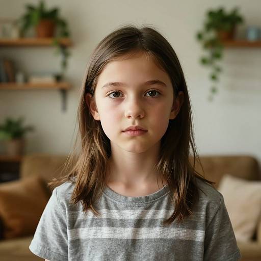 Photograph of a young girl with straight brown hair, wearing a gray striped shirt, standing in a living room with blurred potted plants and wooden shelves