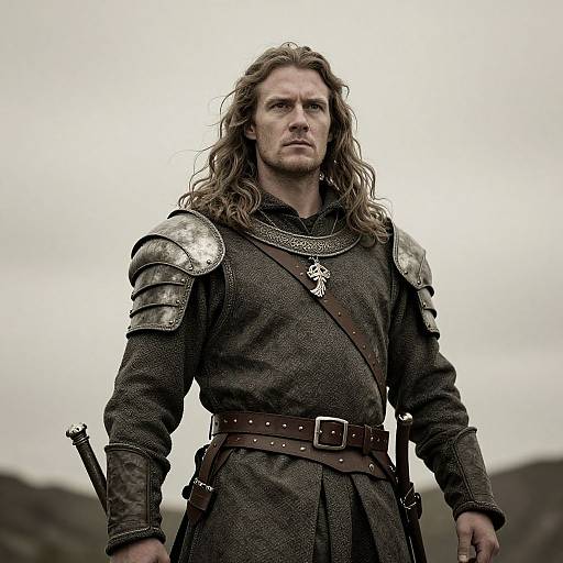 Photograph of a rugged, long-haired, white man in medieval armor, brown tunic, and belt, with a sword, standing against a cloudy