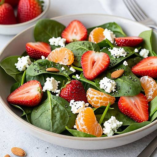 Photograph of a fresh salad bowl with vibrant red strawberries, orange segments, crumbled white feta cheese, and spinach leaves, sprinkled with black