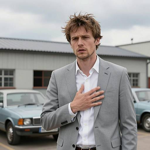 Concerned Man in Urban Industrial Setting