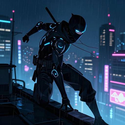 Digital art: Neon-lit, rain-soaked cyberpunk cityscape. Silhouetted, glowing-eyed, armored ninja with katana crou