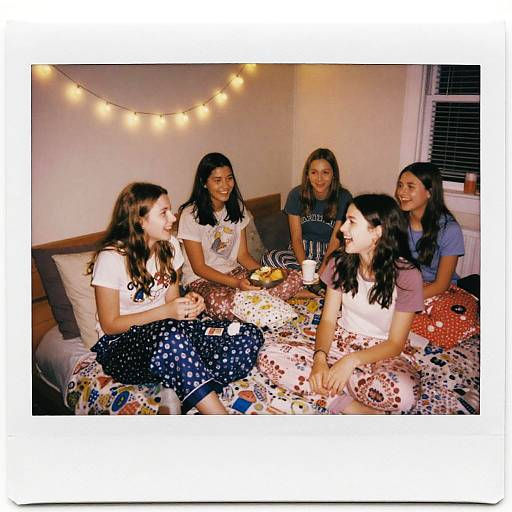 Photograph of five smiling women with diverse ethnicities, sitting on a bed with colorful blankets, string lights in the background.