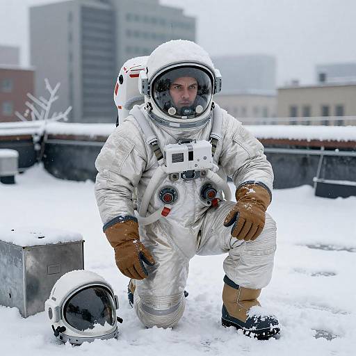 Kneeling Astronaut on Snowy Rooftop