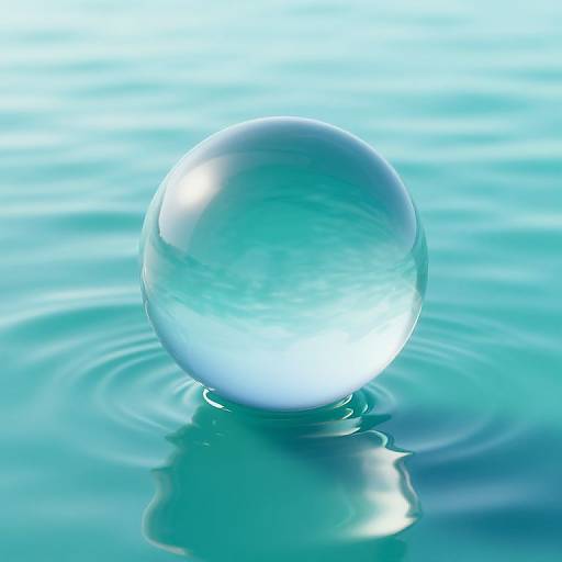 Photograph of a clear, glass-like water sphere floating on tranquil, turquoise water, creating ripples and reflections, with a bright, blue gradient background