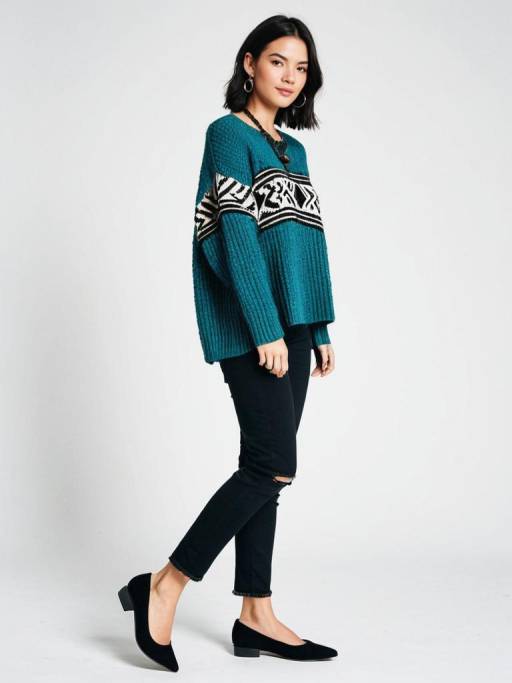 Woman in Oversized Teal Knit Sweater and Black Jeans