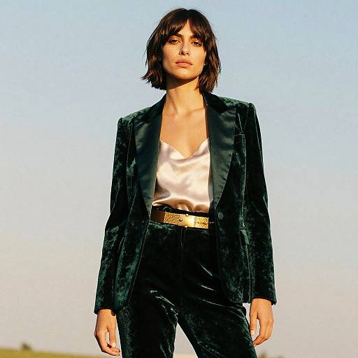 Woman Wearing Emerald Velvet Tuxedo Outfit