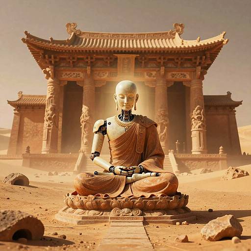 Ancient Robotic Monk in Desert Temple