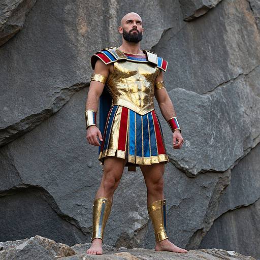 Photograph of a bald, bearded man in ancient Greek-style gold armor with red, blue, and white stripes, standing on rocks against a rugged