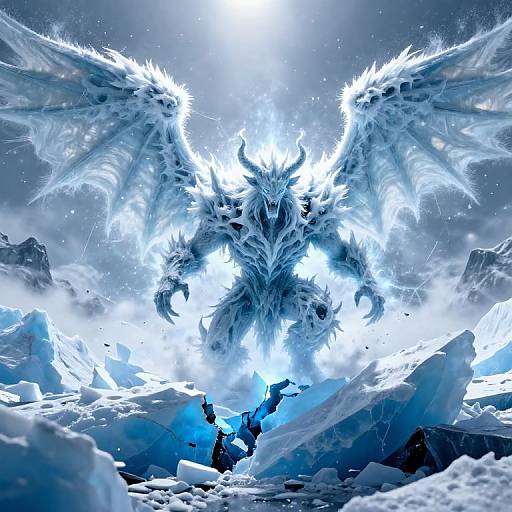 Digital art of a glowing, ice-covered dragon with fierce wings, standing amidst shattered ice and snow, illuminated by intense blue light.