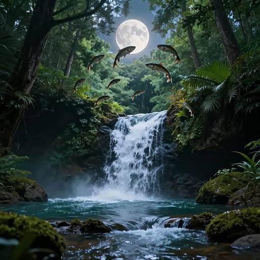 Photograph-style digital art of a moonlit forest waterfall, with seven fish mid-leap above the cascading water, surrounded by lush greenery.
