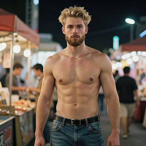 Photograph of a muscular, shirtless, blond-haired, bearded man with a gold necklace, wearing blue jeans, standing in a brightly lit night