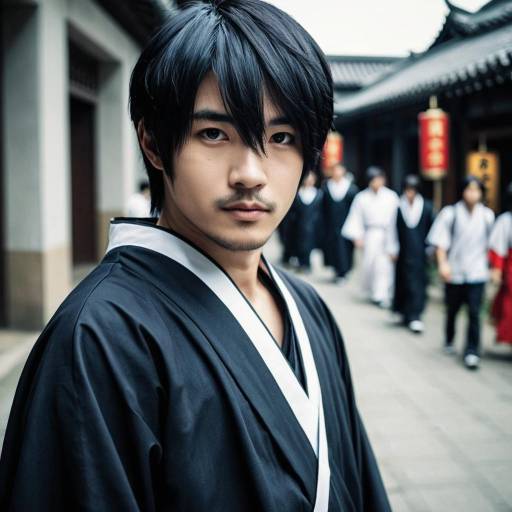 Asian Man in Traditional Black Robe with Facial Hair