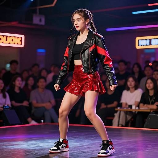 Photograph of a confident young woman in a black leather jacket with red stripes, red sequin skirt, black crop top, and black-and-white sneakers