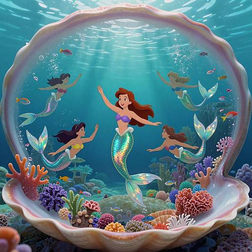 Digital illustration: Four colorful mermaids with shimmering scales inside a coral-encrusted, shell-like aquarium, surrounded by vibrant sea life and illuminated