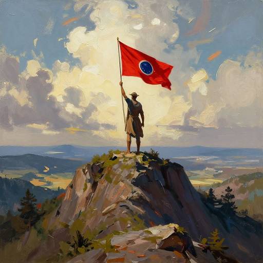 Digital painting of a soldier in a brown coat standing on a rocky peak, waving a red flag with a blue circle, under a bright, cloudy sky